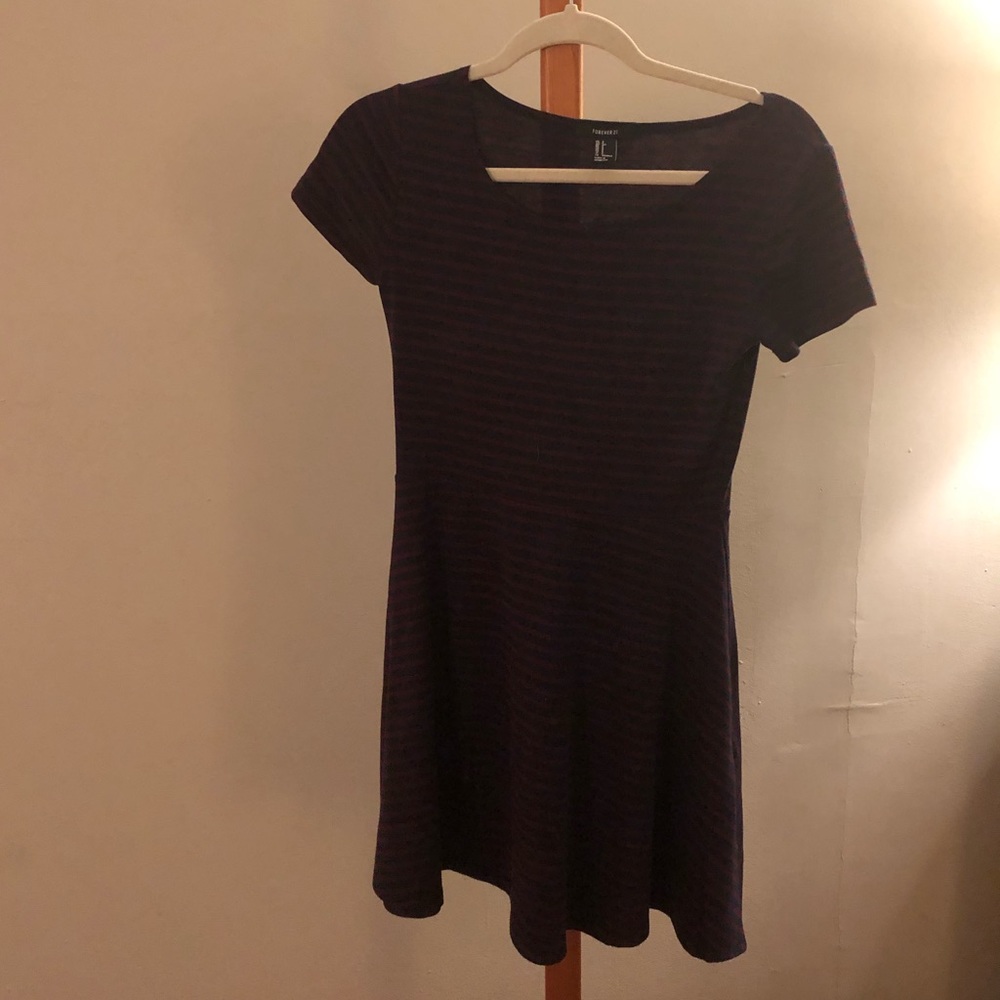 Navy and burgundy striped dress.
